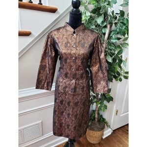 Brown Womens Polyester Single Breasted Blazer & Knee Length Skirt 2 Piece Suit